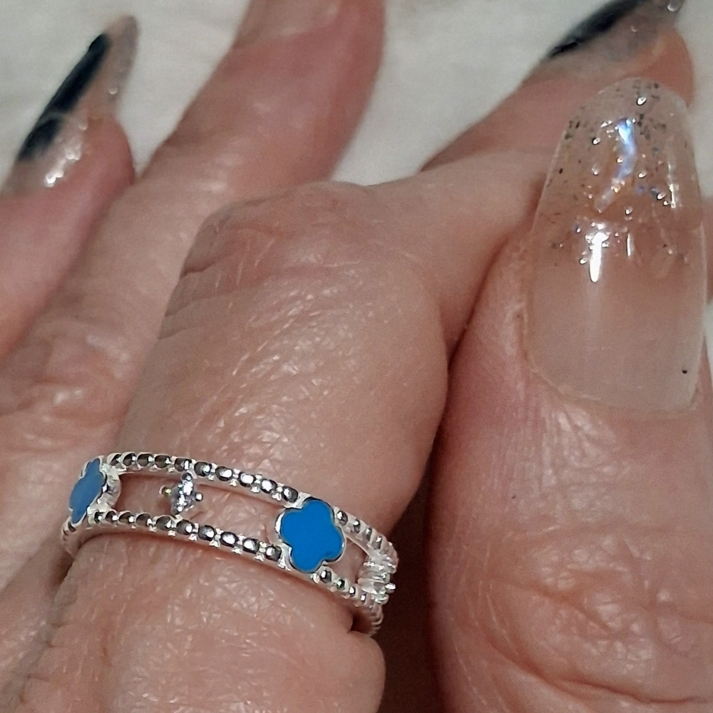 925 Sterling Silver Blue Enamel Clover Ring W Tripple A CZ's Sz 8